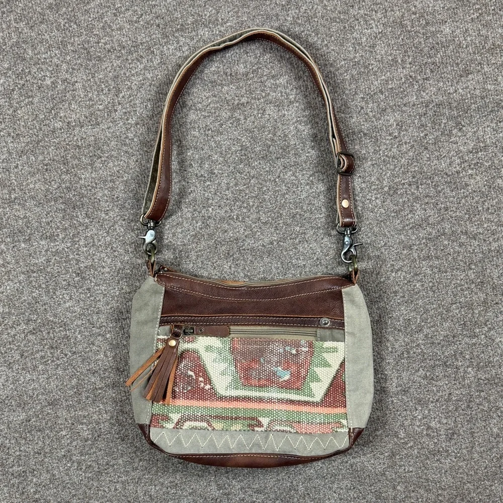 Aztec‎ Green Canvas Brown Leather Trim Hobo Shoulder Crossbody Bag Fringe Tassle